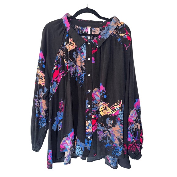 Free People Tops - Free People Black Button-Down Blouse with Pink, Blue & Purple Abstract Print